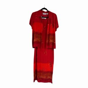 Vtg California Krush 2 Piece Dress Jacket Set Red Floral Rayon Maxi Dress Size S